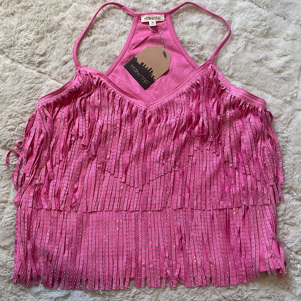 Mainstrip Women's Pink Silver Studded Fringe Racer Back Top Medium - Picture 4 of 8